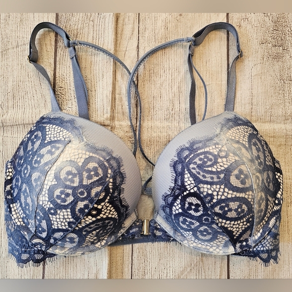 Victoria's Secret Size 34D Very Sexy Push Up Front Close Blue Lace Overlay Bra - Picture 1 of 7